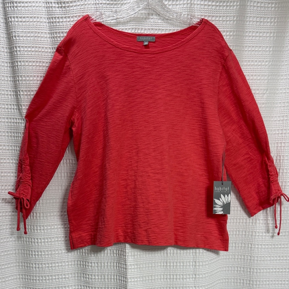 Habitat NEW Coral Slub cotton knit ruched‎ Sleeve Top vacation work casual SZ M